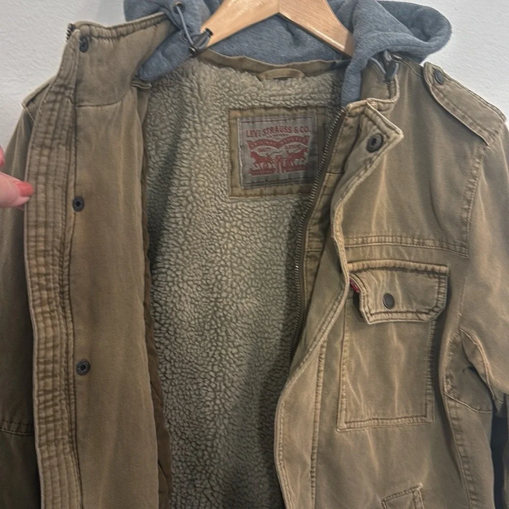 LEVI’S Washed Cotton Brown Jacket Removable Hood Snap/Zipper Front Size Small